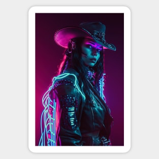 Cowgirl Cyperpunk Beauty with Futuristic Cityscape - Ultra Realistic Sticker